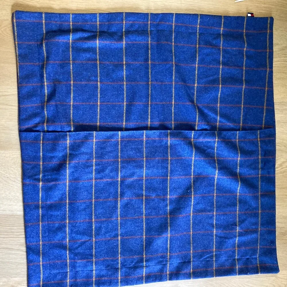 Tommy Hilfiger Blue Windowpane Plaid Wool Pillow Cover Sham for 28x28 Insert